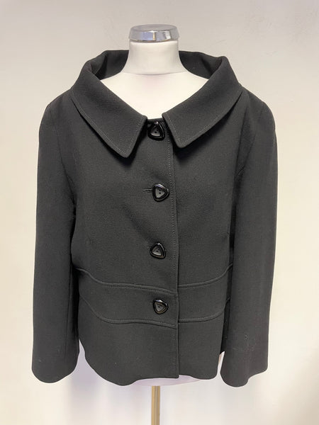 HOBBS 100% WOOL BLACK COLLARED 3/4 SLEEVED JACKET SIZE 18