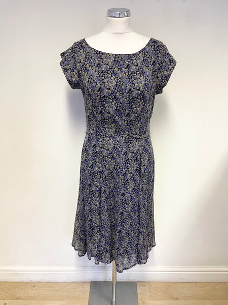 BRORA BLACK,BLUE & BEIGE SPOT PRINT CAP SLEEVED FIT & FLARE DRESS SIZE 12
