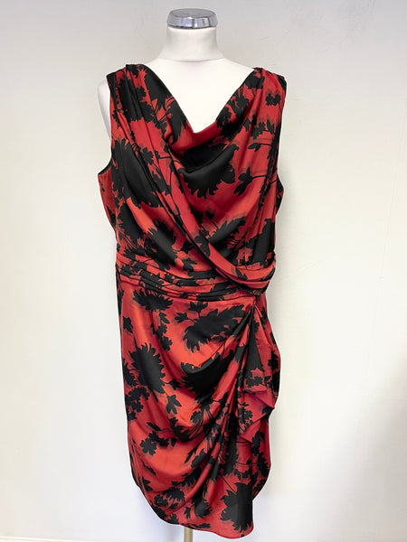 PHASE EIGHT RED & BLACK PRINT COWL NECK SLEEVELESS DRAPED PENCIL DRESS SIZE 16