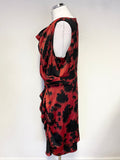 PHASE EIGHT RED & BLACK PRINT COWL NECK SLEEVELESS DRAPED PENCIL DRESS SIZE 16