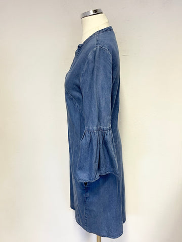 WHISTLES DENIM BLUE V NECK 3/4 FRILLED SLEEVE SHIFT DRESS SIZE XS