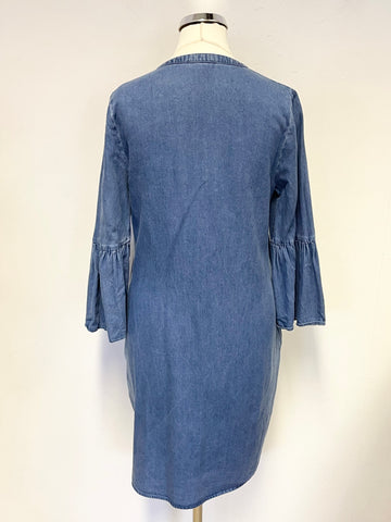 WHISTLES DENIM BLUE V NECK 3/4 FRILLED SLEEVE SHIFT DRESS SIZE XS