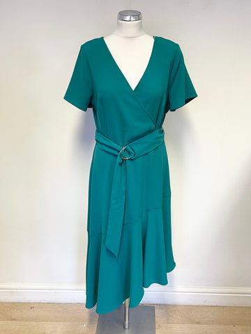 PHASE EIGHT EMERALD GREEN SHORT SLEEVED BELTED MIDI DRESS SIZE 14