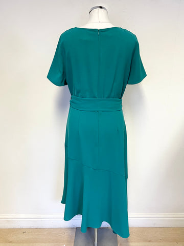 PHASE EIGHT EMERALD GREEN SHORT SLEEVED BELTED MIDI DRESS SIZE 14