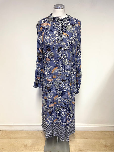 WHITE STUFF BLUE FLORAL PRINT TIE NECK LONG SLEEVED MIDI DRESS SIZE 14