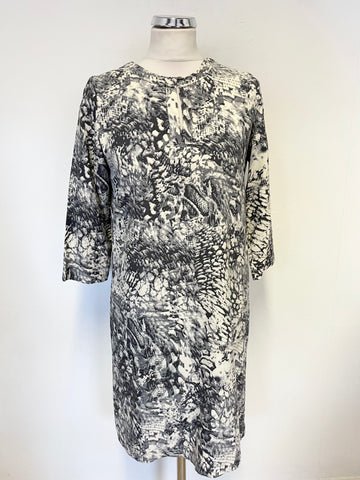 PURE COLLECTION 100% SILK GREY ABSTRACT PRINT 3/4 SLEEVED SHIFT DRESS SIZE 10