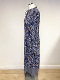 WHITE STUFF BLUE FLORAL PRINT TIE NECK LONG SLEEVED MIDI DRESS SIZE 14