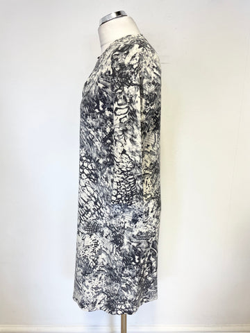 PURE COLLECTION 100% SILK GREY ABSTRACT PRINT 3/4 SLEEVED SHIFT DRESS SIZE 10