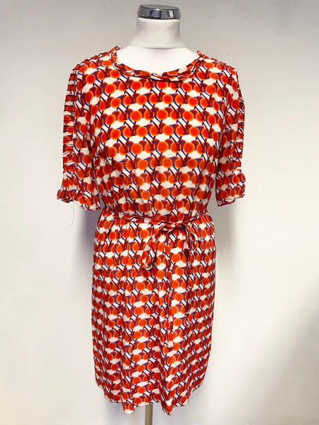 SONIA RYKIEL 100% SILK RED CHERRY PRINT SHORT SLEEVED BELTED SHIFT DRESS SIZE 36 UK 8