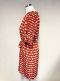 SONIA RYKIEL 100% SILK RED CHERRY PRINT SHORT SLEEVED BELTED SHIFT DRESS SIZE 36 UK 8
