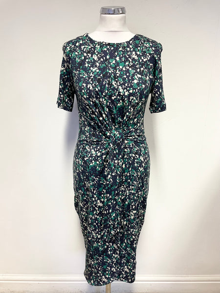 JIGSAW NAVY BLUE & GREEN PRINT SHORT SLEEVE STRETCH JERSEY DRESS SIZE S