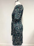 JIGSAW NAVY BLUE & GREEN PRINT SHORT SLEEVE STRETCH JERSEY DRESS SIZE S