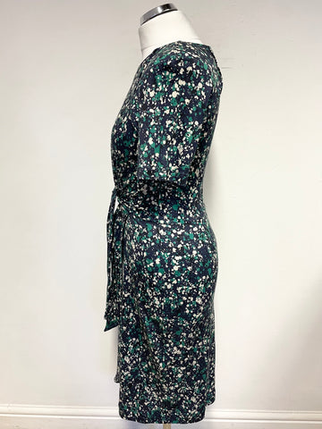 JIGSAW NAVY BLUE & GREEN PRINT SHORT SLEEVE STRETCH JERSEY DRESS SIZE S