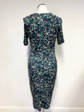 JIGSAW NAVY BLUE & GREEN PRINT SHORT SLEEVE STRETCH JERSEY DRESS SIZE S