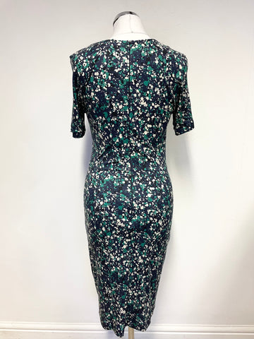 JIGSAW NAVY BLUE & GREEN PRINT SHORT SLEEVE STRETCH JERSEY DRESS SIZE S