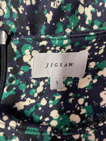 JIGSAW NAVY BLUE & GREEN PRINT SHORT SLEEVE STRETCH JERSEY DRESS SIZE S
