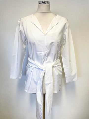 FINERY WHITE COTTON V NECK 3/4 SLEEVED TIE WAIST TOP SIZE 10