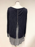 MINT VELVET NAVY BLUE & WHITE STRIPE TUNIC WITH NAVY OVER FINE KNIT JUMPER SIZE 12