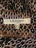 LK BENNETT BROWN & BLACK PRINT SILK DRAPED LONG SLEEVE PENCIL DRESS SIZE 10