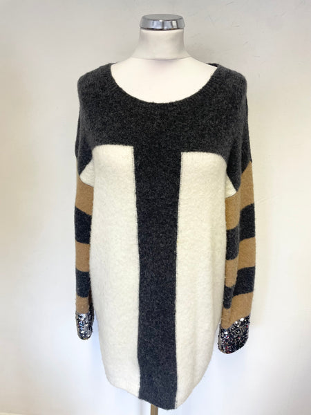LAUREL GREY, WHITE & CAMEL WOOL BLEND SEQUIN TRIM LONG SLEEVED JUMPER SIZE 10