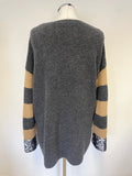 LAUREL GREY, WHITE & CAMEL WOOL BLEND SEQUIN TRIM LONG SLEEVED JUMPER SIZE 10