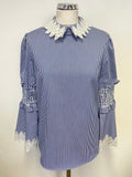 BRAND NEW TED BAKER CERENNA BLUE STRIPE LACE FLUTED LONG SLEEVE TOP SIZE 2 UK 10/12