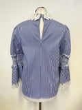 BRAND NEW TED BAKER CERENNA BLUE STRIPE LACE FLUTED LONG SLEEVE TOP SIZE 2 UK 10/12