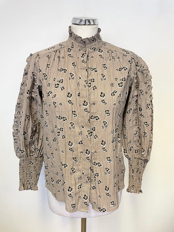LEVETE ROOM BEIGE & BLACK FLORAL PRINT FRILLED 3/4 SLEEVED BLOUSE SIZE S