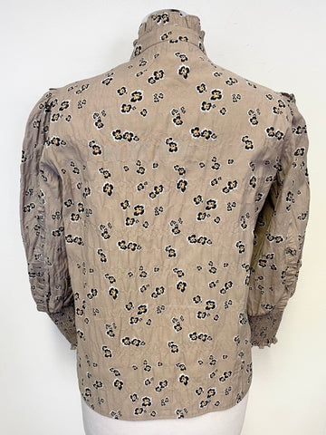 LEVETE ROOM BEIGE & BLACK FLORAL PRINT FRILLED 3/4 SLEEVED BLOUSE SIZE S
