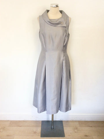 TAHARI BY ARTHUR S LEVINE SILVER GREY COLLARED SLEEVELESS FIT & FLARE DRESS SIZE UK 14