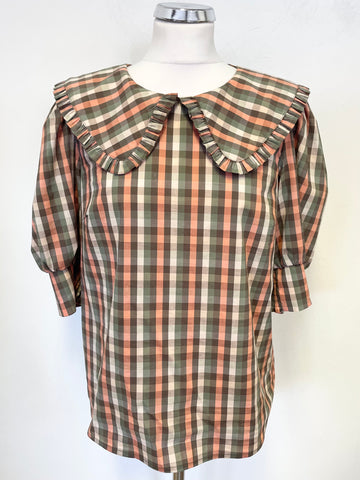 SOFIE SCHNOOR GREEN & CORAL MIX CHECK COLLARED SHORT PUFF SLEEVE TOP SIZE S
