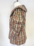 SOFIE SCHNOOR GREEN & CORAL MIX CHECK COLLARED SHORT PUFF SLEEVE TOP SIZE S