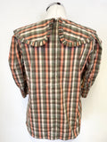 SOFIE SCHNOOR GREEN & CORAL MIX CHECK COLLARED SHORT PUFF SLEEVE TOP SIZE S