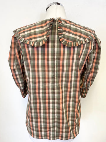SOFIE SCHNOOR GREEN & CORAL MIX CHECK COLLARED SHORT PUFF SLEEVE TOP SIZE S