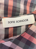 SOFIE SCHNOOR GREEN & CORAL MIX CHECK COLLARED SHORT PUFF SLEEVE TOP SIZE S