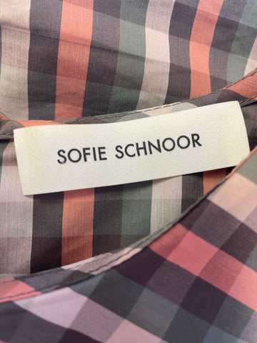 SOFIE SCHNOOR GREEN & CORAL MIX CHECK COLLARED SHORT PUFF SLEEVE TOP SIZE S
