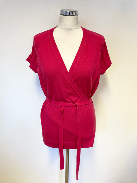 JIGSAW RASPBERRY PINK COTTON & CASHMERE SHORT SLEEVED  WRAP OVER JUMPER SIZE L