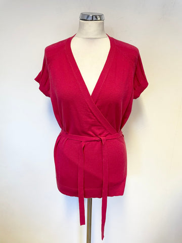 JIGSAW RASPBERRY PINK COTTON & CASHMERE SHORT SLEEVED  WRAP OVER JUMPER SIZE L