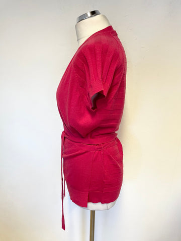 JIGSAW RASPBERRY PINK COTTON & CASHMERE SHORT SLEEVED  WRAP OVER JUMPER SIZE L