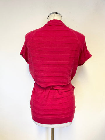 JIGSAW RASPBERRY PINK COTTON & CASHMERE SHORT SLEEVED  WRAP OVER JUMPER SIZE L