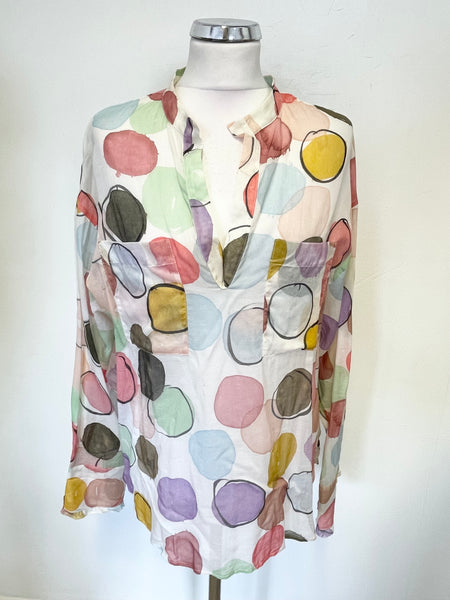 LUISA CERANO MULTI COLOURED SPOT V NECK LONG SLEEVED BLOUSE/TOP SIZE 14