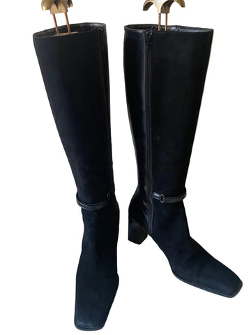 BALLY FIERINA BLACK LEATHER & SUEDE KNEE LENGTH BOOTS SIZE 4.5/37.5