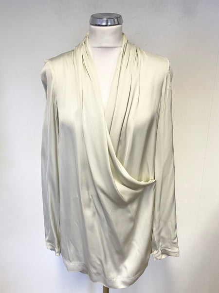 JAEGER CREAM V NECK WRAP ACROSS FRONT LONG SLEEVED BLOUSE SIZE 10