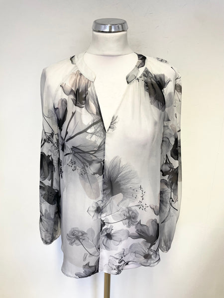 JIGSAW 100% SILK GREY FLORAL PRINT SEMI SHEER LONG SLEEVED TOP SIZE 8