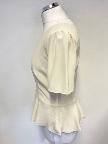 LK BENNETT REIMS 100% SILK CREAM PEPLUM WAIST SHORT SLEEVE TOP SIZE 10