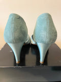 CLARKS GREEN PEEPTOE SATIN & SUEDE HEELS WITH MATCHING CLUTCH BAG SIZE 6.5/39.5