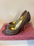 SACHA BROWN & GOLD EMBROIDERED PEEPTOE SATIN HEELS WITH FREE MATCHING CLUTCH BAG SIZE 5/38
