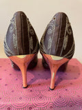 SACHA BROWN & GOLD EMBROIDERED PEEPTOE SATIN HEELS WITH FREE MATCHING CLUTCH BAG SIZE 5/38