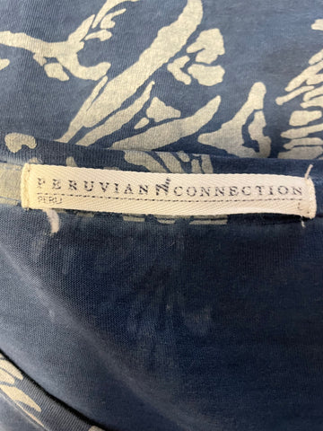 PERUVIAN CONNECTION BLUE FLORAL PRINT HALF SLEEVE TOP SIZE L