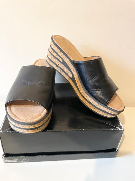 GABOR BLACK LEATHER OPEN TOE CORK WEDGE SLIP ON MULES SIZE 6.5/39.5